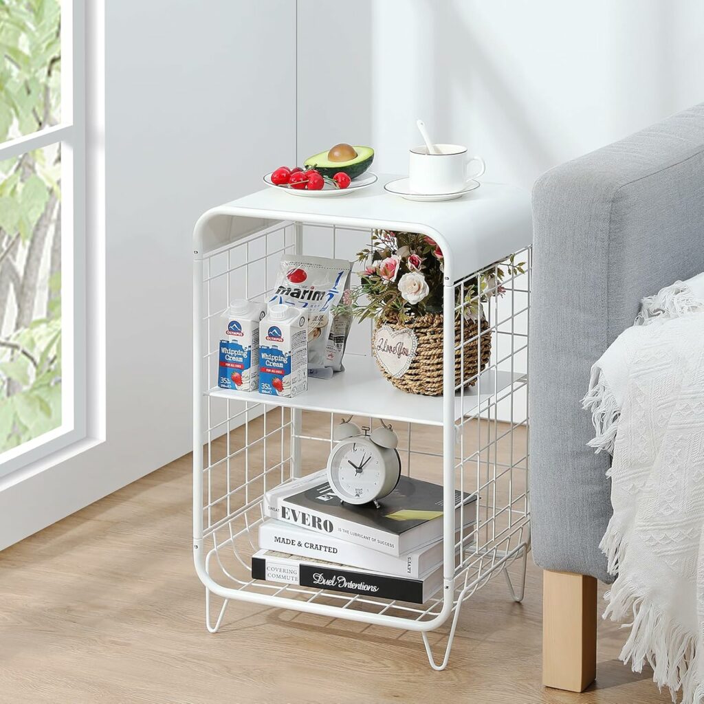APEXCHASER Cute Nightstand,Metal Side Table,3 Tier End Table with Storage,Vintage Bedside Table,Girls Bedroom Furniture,Coffee Table for Living Room,Bedroom,Dorm,White