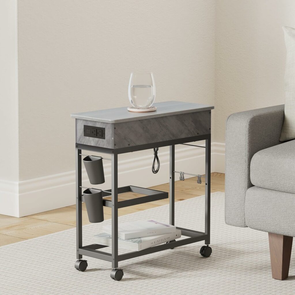 Colima Lift Top End Table with Charging Station and Wheels, Sofa Side Table with USB Port & AC Outlets, Movable Bedside Nightstand with Side Bag for Office Living Room Bedroom(Gray)