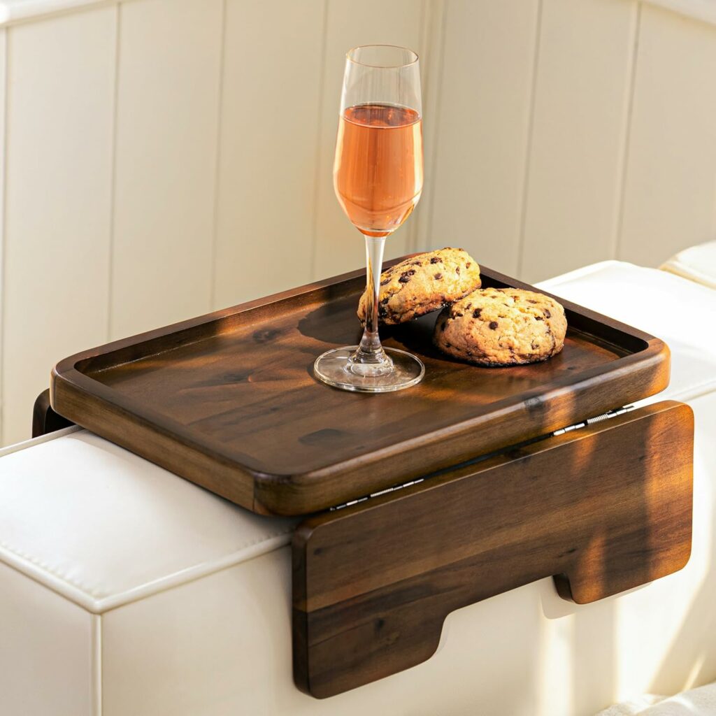 HOLANA Acacia Wood Sofa Armrest Tray - 13.75 x 9.5in Double Hinge Sofa Arm Tray Table Clip - Couch Arm Table - Wooden Side Tables for Eating and Drink (Walnut, 13.75