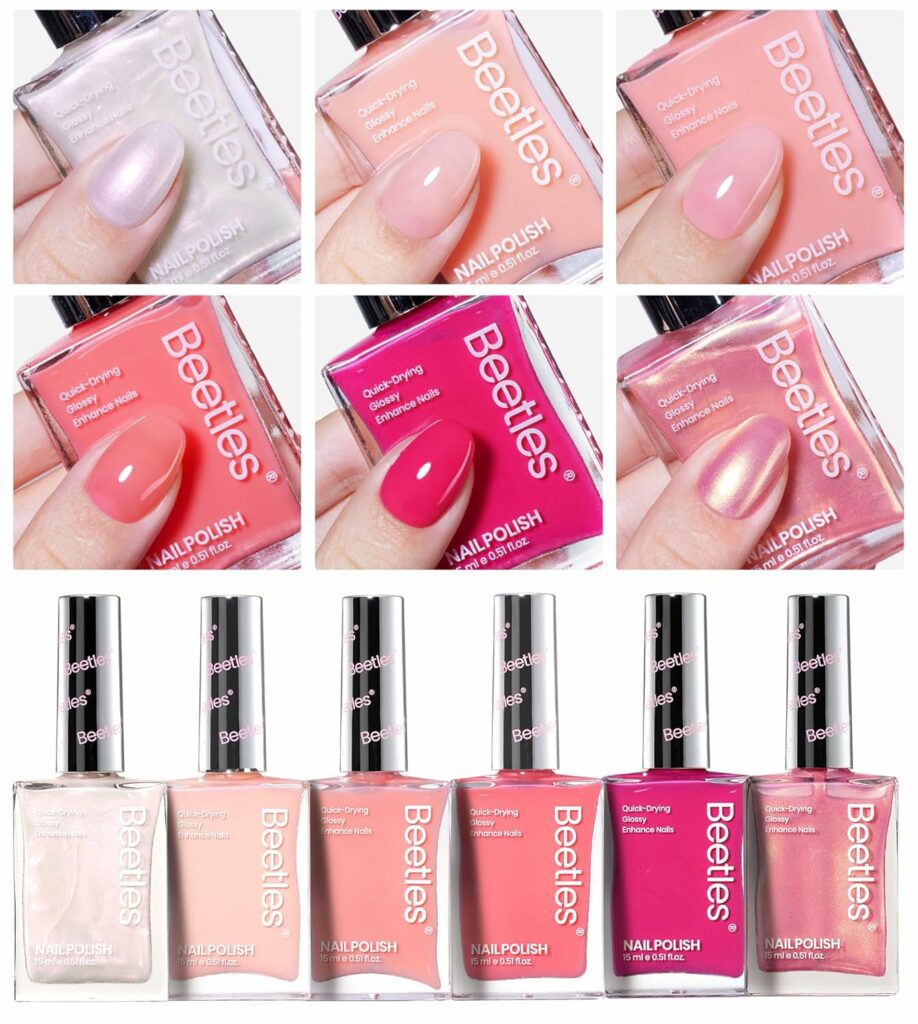 Beetles Nail Polish Set Heartbeat-6 Colors Hot Pink White Jelly Nude Pink Nail Polish Set Shimmer Pearl Quick Dry Finger Nail Polish DIY Nail Art Salon Home Gift for Women & Girls