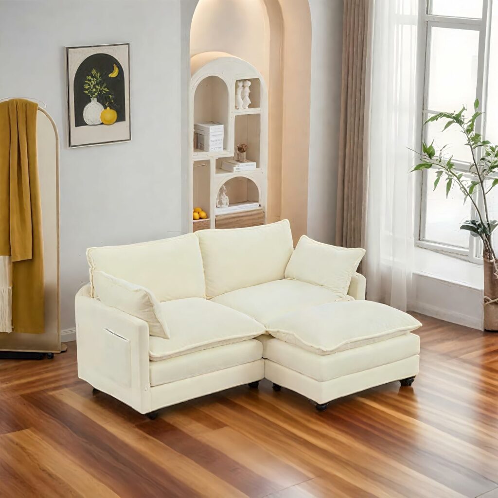 Sectional Couches for Living Room - L Shaped Couch Cloud Couch Comfy Sectional Couches, 77.6" 2 Seat Sofa Comfy Sectionals with Ottoman/Pillows for Apartment, Bedroom, Cream White