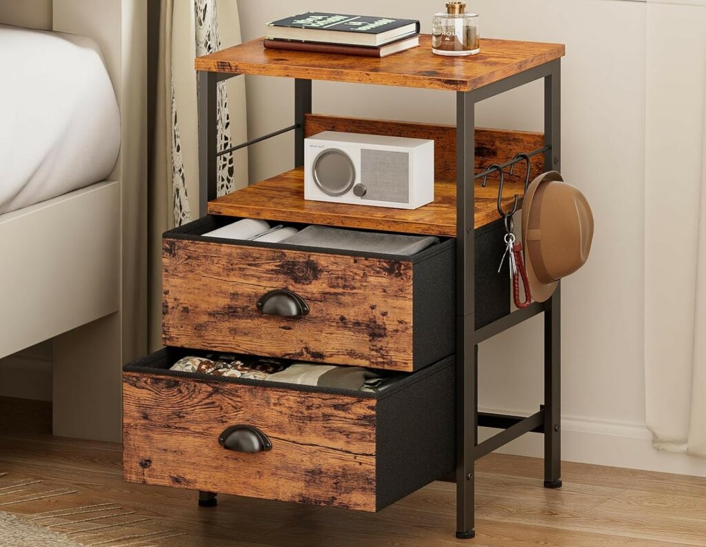 Furologee Nightstands Set 2, Bedside Table with 2 Fabric Drawers, End Table with Hooks and Shelf, for Bedroom/Living Room/Study/Hallway/Brown
