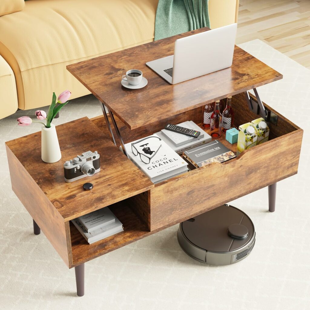 Sweetcrispy Lift Top Coffee Tables for Living Room, Small Rising Wooden Dining Center Tables with Storage Shelf and Hidden Compartment, Rustic Brown