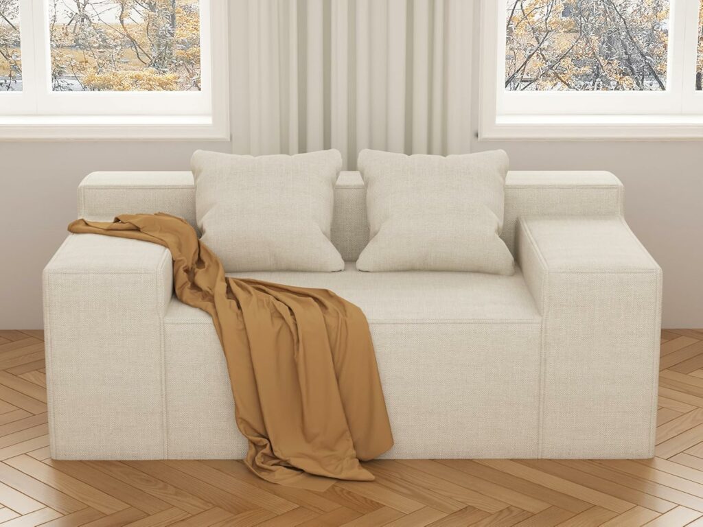 Modern Loveseat, Sofa Couch in a Box, No Assembly Needed, with 2 Pillows, Cat-Scratch Resistant Linen,Small Sofa for for Small Space, Living Room, Bedroom,Beige