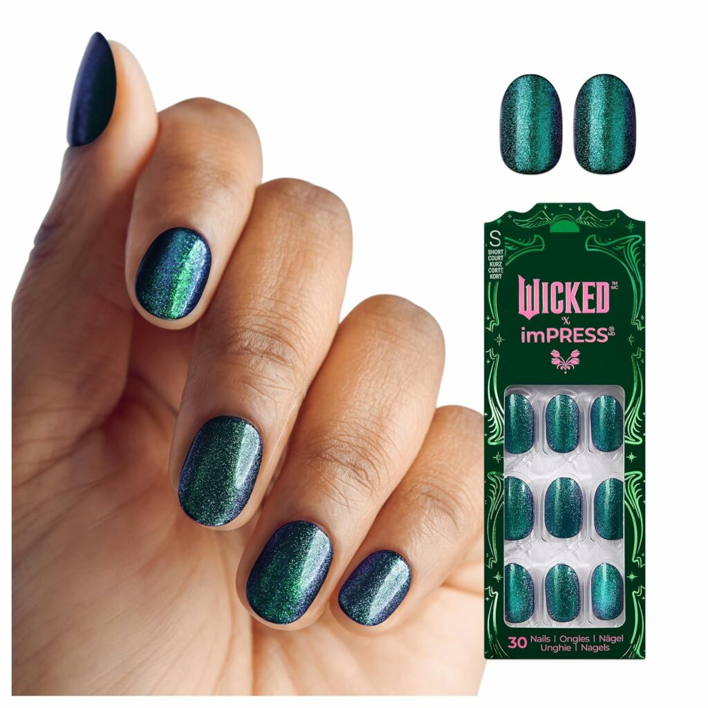 WICKED X imPRESS Press On Nails, New Improved Adhesive, Up To 10 Day Hold, ‘The Green Elixir’, Green, Short Oval, Includes 30 Fake Nails, 1 Prep Pad, 1 Manicure Stick, 1 Mini File