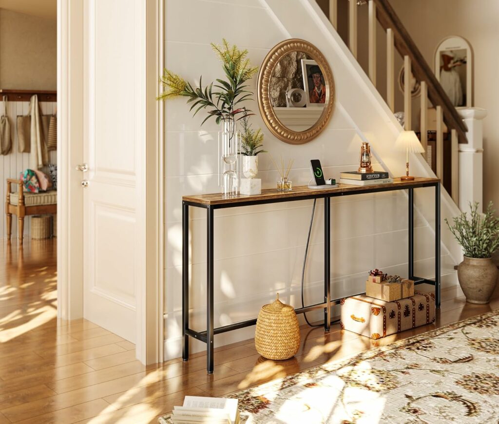 SUPERJARE 70 Inch Console Table with Outlet, Sofa Table with Charging Station, Narrow Entryway Table, Skinny Hallway Table, for Living Room, Rustic Brown
