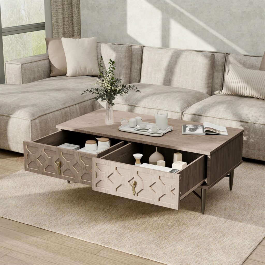 Mid Century Modern Coffee Table, Carved Decorative Center Table, Tea Table, Fluted Wooden Coffee Table with Storage for Living Room and Office. Light Oak