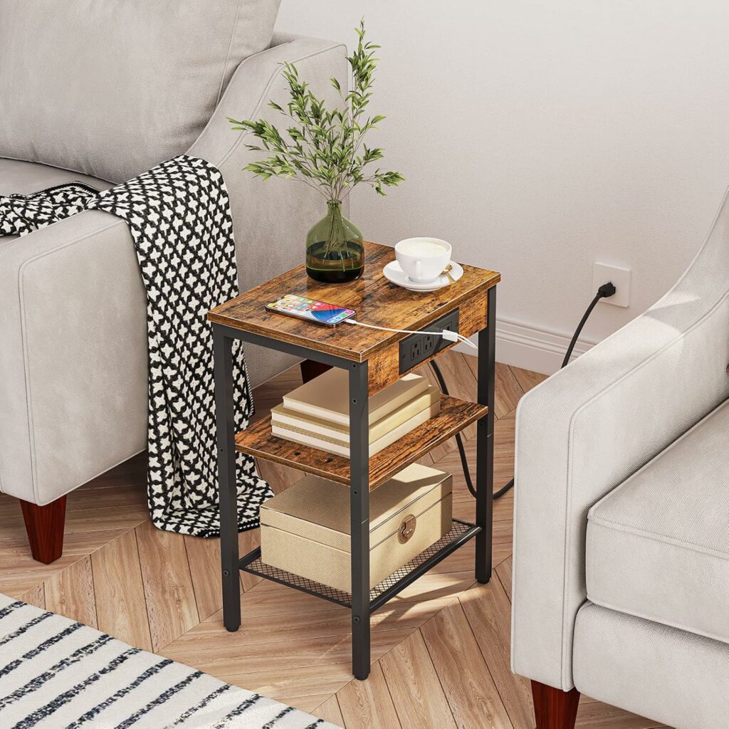HOOBRO Side Table with Charging Station and USB Ports, Small End Table for Small Space, 3-Tier Nightstand with Adjustable Shelf, for Living Room, Bedroom and Balcony, Rustic Brown BF112BZ01