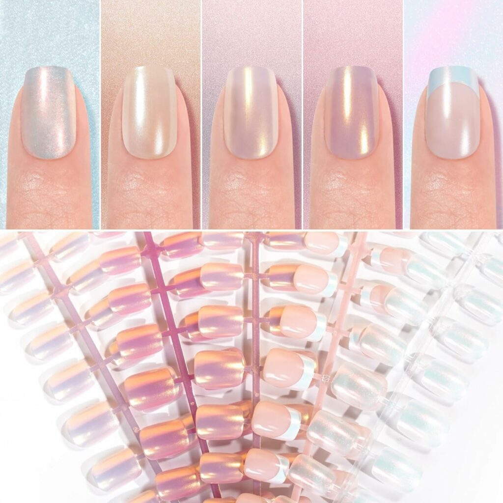 Press on Nails Short - 120Pcs Chrome Fake Nails Square with French Mermaid/Pearl/Aurora Chrome Designs, Glossy Artificial Acrylic False Nails, Glue on Nails Stick on Nails for Women