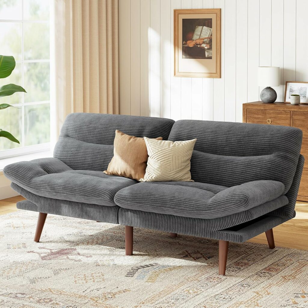 Marsail Futon Sofa Bed, Futon Couch with Adjustable Backrest & Armrests, Convertible Small Sleeper Sofa Bed for Small Apartments, Study Room, Office, Corduroy Loveseat, Grey