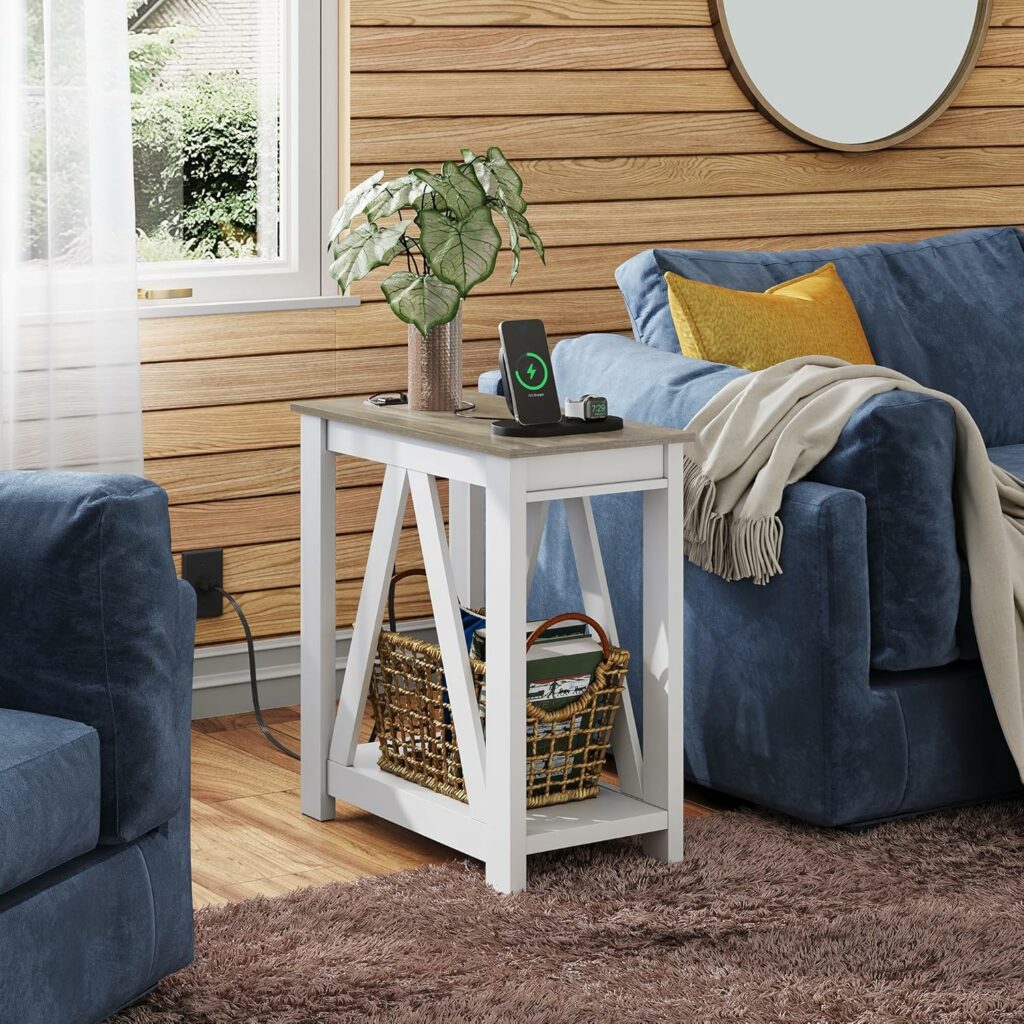 WLIVE Farmhouse End Table, Narrow Side Table with Charging Station, Slim End Table, Side Table for Bedroom, Living Room, Small Spaces, with 2 USB and 2 Power Outlets, 11.8" D x 23.6" W x 23.74" H